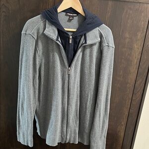 Michael Kors Men's Gray Zip-Up Sweater with Navy Hoodie Layer